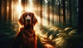 A beautiful Irish Setter sits in a forest, backlit by warm sunlight. Royalty Free Stock Photo