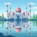 A beautiful Islamic mosque with a pink dome and white walls is reflected in the water