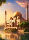 Beautiful Islamic Mosque by Water Color with Beauty of Nature Generative AI