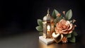 islamic white marble podium with gold arabic lantern, gold heart and peach roses, ai generated