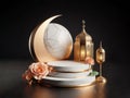 islamic white marble podium with peach roses, arabian lantern and gold crescent moon, ai generated Royalty Free Stock Photo