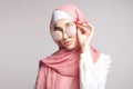 beautiful islamic young woman with long Nails. beauty girl in hijab and sunglasses Royalty Free Stock Photo