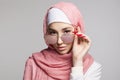 beautiful islamic young woman with long Nails. beauty girl in hijab and sunglasses Royalty Free Stock Photo