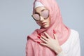 beautiful islamic young woman with long Nails. beauty girl in hijab and sunglasses Royalty Free Stock Photo