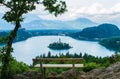 Beautiful island with church in the middle of lake Bled, Slovenia Royalty Free Stock Photo