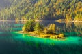 Beautiful island on the lake Eibsee in Grainau, bavarian alps, Germany