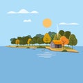 Beautiful Island landscape view on river or lake, autumn. Forest lonely house. Vector illustration background trendy Royalty Free Stock Photo