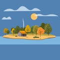 Beautiful Island landscape view on river or lake, autumn. Forest lonely house. Vector illustration background trendy Royalty Free Stock Photo