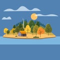 Beautiful Island landscape view on river or lake, autumn, mountains. Forest lonely house. Vector illustration background Royalty Free Stock Photo