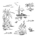 Beautiful island sketches set on white background. Landscape with palm trees, beach, sea, sun, clouds, birds, crocodile, parrot,