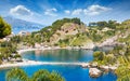 Beautiful Isola Bella, small island near Taormina, Sicily, Italy. Narrow path connects island to mainland Taormina beach Royalty Free Stock Photo