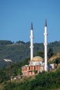 A beautiful isolated mosque with two tall minarets, built on a hill near the city of Prizren, Kosovo