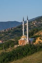 A beautiful isolated mosque with two tall minarets, built on a hill near the city of Prizren, Kosovo