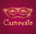 Beautiful italian carnival illustration with a golden venetian mask on a red background.