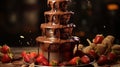 A beautiful Italian chocolate fountain flowing with cascades of glossy melted chocolate