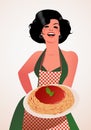 Beautiful Italian Cook showing spaghetti bolognese plate. Royalty Free Stock Photo