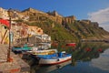 Beautiful Italian seaside view of Procida, Napoli with many small colorful wooden boats docked Royalty Free Stock Photo