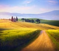 Beautiful Italian summer rural landscape Countryside Panorama of summer green field with dirt road and Sunset cloudy sky Royalty Free Stock Photo