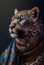 Jaguar, leopard, blue, eyes, robe, royalty, beautiful, wallpaper, background, generative ai