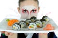 Beautiful japan geisha woman with sushi