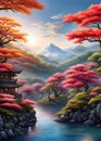 Beautiful Japan landscape nature illustration