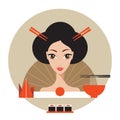Beautiful Japan Travel banner with Geisha Sushi Origami and Noodles