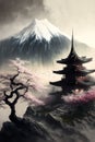 Beautiful Japanese art landscape, blossom sacura trees mountains. Wallpaper Generated Ai