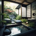 Beautiful Japanese bath room interior with a zen, generative AI Royalty Free Stock Photo
