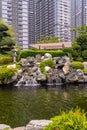 Beautiful Japanese garden landscape outside the residential buildings complex Royalty Free Stock Photo