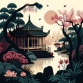 Beautiful Japanese garden with a pond and a pavilion. Vector illustration.