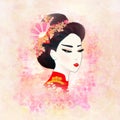 Beautiful Japanese Geisha - artistic portrait on a floral pink background Royalty Free Stock Photo