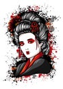 Beautiful Japanese Geisha Holds Red Fan Vector Illustration.