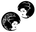 Geisha head and blooming sakura black and white vector portrait