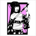 Beautiful japanese geisha woman and traditional katana sword black and white vector design Royalty Free Stock Photo