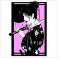 Beautiful japanese geisha woman and traditional katana sword black and white vector design Royalty Free Stock Photo