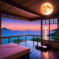 a beautiful japanese house interior at sea water in the anime cartoonish cozy lofi asian sunset in the