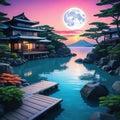 a beautiful japanese house interior at sea water in the anime cartoonish cozy lofi asian sunset in the
