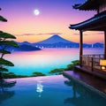 a beautiful japanese house interior at sea water in the anime cartoonish cozy lofi asian sunset in the