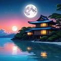 a beautiful japanese house at sea water in the late anime cartoonish cozy lofi asian moon shining in the dark