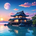 a beautiful japanese house at sea water in the late anime cartoonish cozy lofi asian sunrise in the