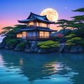 a beautiful japanese house at sea water in the late anime cartoonish cozy lofi asian sunrise in the