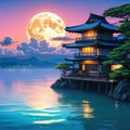 a beautiful japanese house at sea water in the late anime cartoonish cozy lofi asian sunrise in the