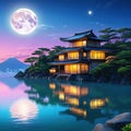 a beautiful japanese house at sea water in the late anime cartoonish cozy lofi asian sunrise in the