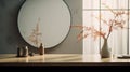 Beautiful Japanese-inspired Bathroom With 3d Rendered Mirror And Flower Vase Royalty Free Stock Photo