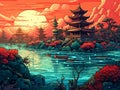 Beautiful japanese pagoda on the shore of the lake. Vector illustration.AI Royalty Free Stock Photo