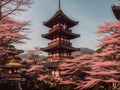 Beautiful japanese pagoda surrounded by blooming cherry blossoms Royalty Free Stock Photo