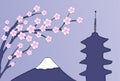 Beautiful japanese postcard with blooming sakura tree, fudji and pagoda