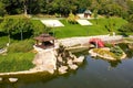 A beautiful Japanese-style landscape park in New Sofiyivka. Lake, wooden arbors, red bridge, Aerial view from drone on park. Uman Royalty Free Stock Photo