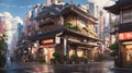 A beautiful japanese tokyo city town in the evening. houses at the street. anime comics artstyle. cozy lofi asian architecture