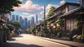 a beautiful japanese tokyo city town in the evening. houses at the street. anime comics artstyle. cozy lofi asian architecture.